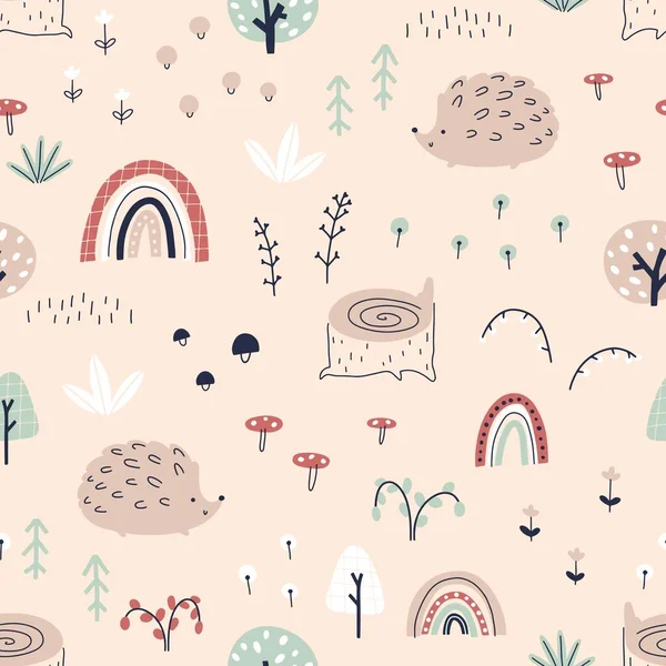 Hedgehog in the forest with rainbows seamless pattern. Autumn illustration in simple hand drawn scandinavian style. The limited pastel palette is ideal for printing baby clothes, fabrics, textiles. — 图库矢量图片