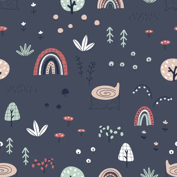 Forest seamless pattern. Autumn illustration in simple hand drawn scandinavian style. Pastel limited palette on a dark blue background. Ideal for printing baby clothes, fabrics, textiles. — 图库矢量图片