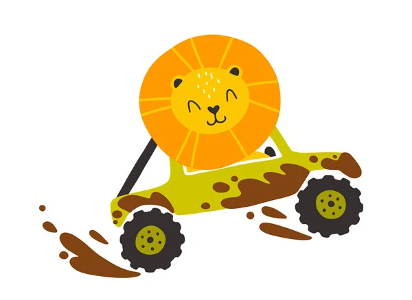 Leeuw in een SUV in de modder. Schattig stripfiguur in eenvoudige hand getekend kinderachtige stijl. Vector isoleerde illustratie op een witte achtergrond. Kleurrijk palet. — Stockvector