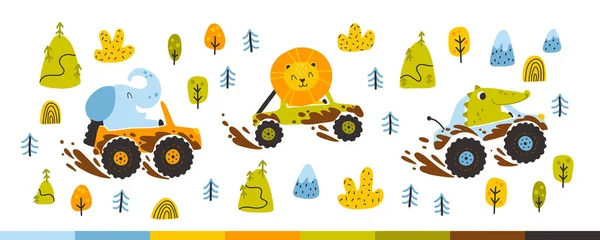 Dieren off-road in auto 's in de modder. Leuke naïeve stripfiguren olifant, krokodil en leeuw in kinderachtige handgetekende doodle stijl. Ideaal voor baby jongens — Stockvector
