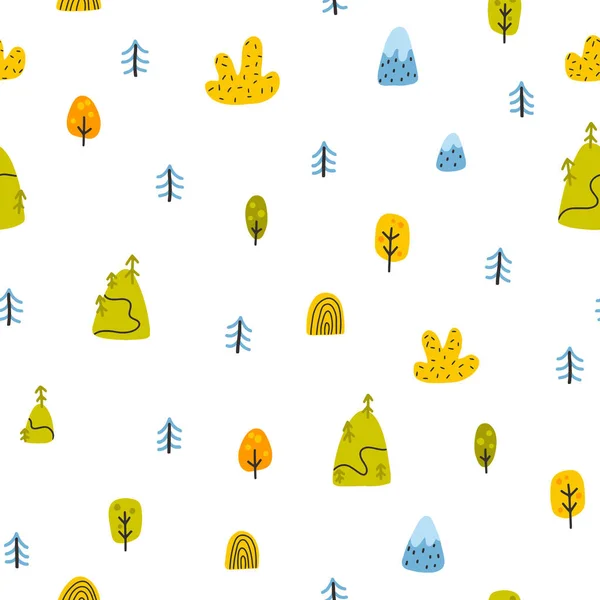 숲의 솔기없는 패턴. 산, 나무, 크리스마스 트리가 있는 풍경, 손으로 그린 간단 한 낙서 만화 스칸디나비아식으로 된 간단 한 크리스마스 트리. 아기 옷이나 직물에 이상적 인원 형 배경 — 스톡 벡터