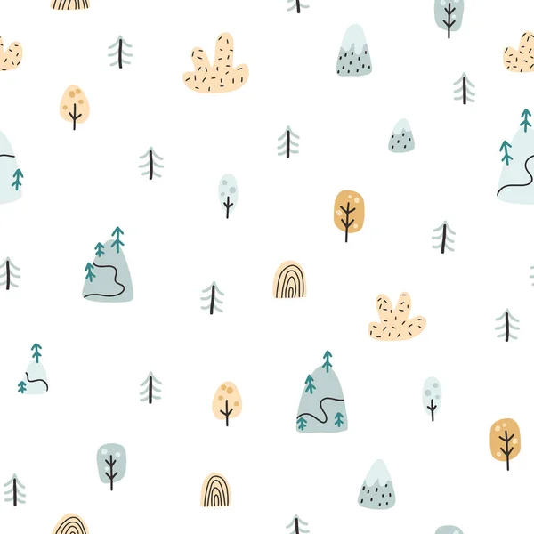 森林のシームレスなパターン。山、木、シンプルな子供っぽい手描きの落書き漫画北欧スタイルのクリスマスツリーと風景。赤ちゃんの服、織物に最適なネイブベクトル背景 — ストックベクタ