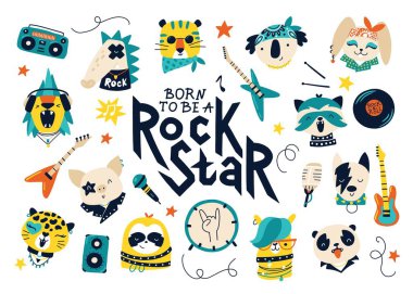 Rock yıldızı olmak için doğmuş. Taştan hayvan karakterleri olan vektör koleksiyonu ve çocuklar için müzik aletlerinin çizimleri. Karalama tarzında el çizimi karikatürler. Bebek kıyafetlerindeki parmak izleri, posterler için..