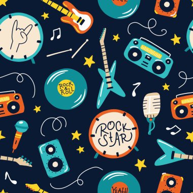 Retro rock enstrümanları kusursuz desen. Gitarların, davulların, kasetlerin basit karalama çizgi filmlerindeki çocuksu çizimlerinin renkli çizimleri. Bebek tekstil ürünleri, duvar kağıtları, ambalajlar için..