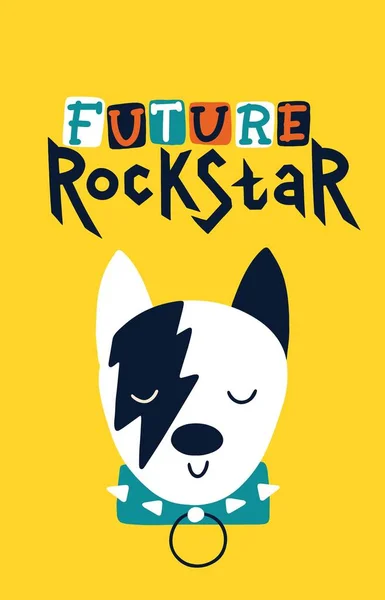 Künftiger Rockstar. Postkarte mit Hund. Vektor-Zeichentrickfigur. Illustration auf gelbem Hintergrund für Kinder im Stil lustiger Kritzeleien. Ideal zum Bedrucken von Babybekleidung, T-Shirts. — Stockvektor