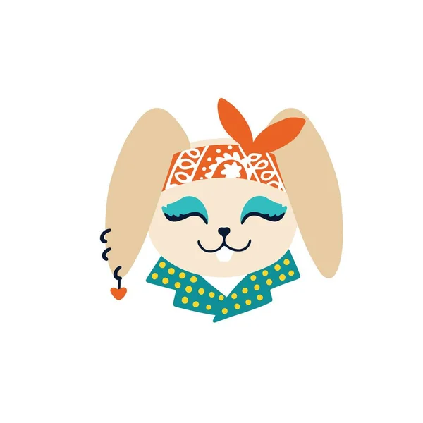 Rock Rabbit girl. Vector cartoon character in rock accessories and a cool bandana on his head. Isolate illustration on white background for kids in funny doodle style. — Stock Vector