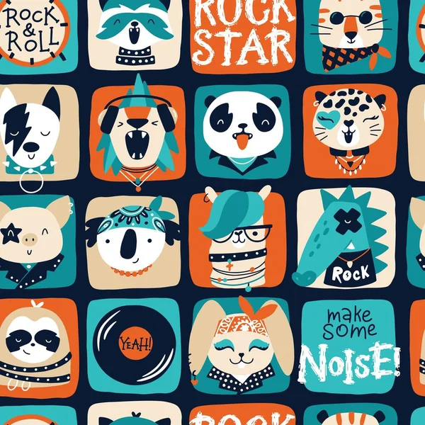 Mignon animal rétro rock stars modèle sans couture. Personnages de dessins animés colorés dessinés à la main dans des vêtements et accessoires rock, avec des cheveux et du maquillage. Idéal pour les textiles pour bébés, papiers peints, emballage. — Image vectorielle