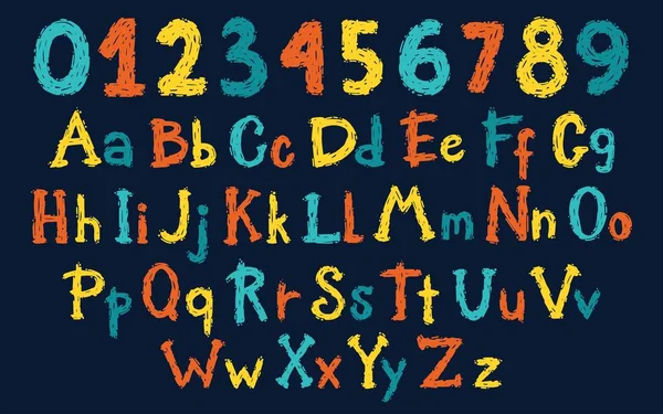 Rock Grunge Graffiti Stempel abs, Zahlen. Vector English Alphabet im handgezeichneten Cartoon-Pinselstil. Bunte Buchstaben auf dunklem Hintergrund. Ideal für Babynamen, Geburtstagskarten, Kinder-T-Shirt-Prints. — Stockvektor