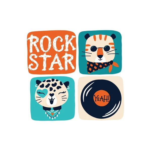 Rock star. Vector retro poster. Leoparden- und Tigermusiker. Zeichentrickkritzelfiguren und Graffiti für Kinder im lustigen Doodle-Stil. Zum Bedrucken von Babybekleidung, Postern, Einladungen. — Stockvektor