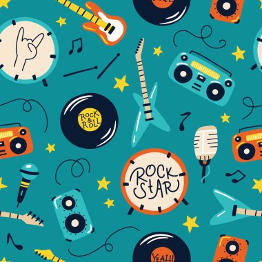Retro rock enstrümanları kusursuz desen. Gitarların, davulların, kasetlerin basit karalama çizgi filmlerindeki çocuksu çizimlerinin renkli çizimleri. Bebek tekstil ürünleri, duvar kağıtları, ambalajlar için..