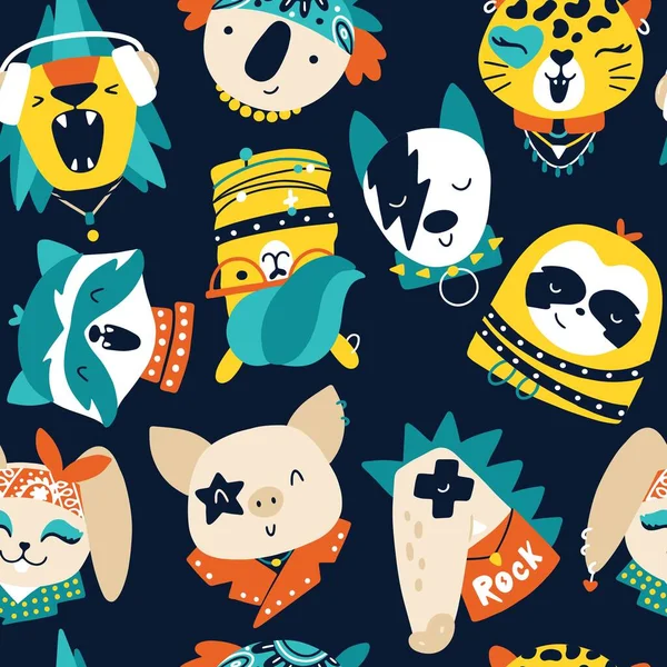 Mignon animal rock stars modèle sans couture. Personnages de dessins animés colorés dessinés à la main dans des vêtements et accessoires rock, avec des cheveux et du maquillage. Idéal pour les textiles pour bébés, papier peint, papier d'emballage. — Image vectorielle