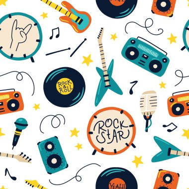Retro rock enstrümanları kusursuz desen. Gitarların, davulların, kasetlerin basit karalama çizgi filmlerindeki çocuksu çizimlerinin renkli çizimleri. Bebek tekstil ürünleri, duvar kağıtları, ambalajlar için.