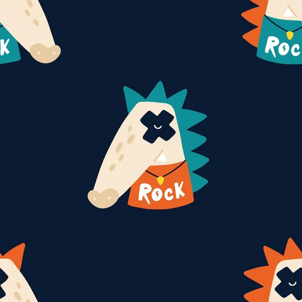 Crocodilo estrela de rock animal sem costura padrão. Personagem de desenho animado doodle colorido desenhado à mão em acessórios de rocha. Ideal para roupas de bebê, têxteis, papel de parede, papel de embrulho. — Vetor de Stock