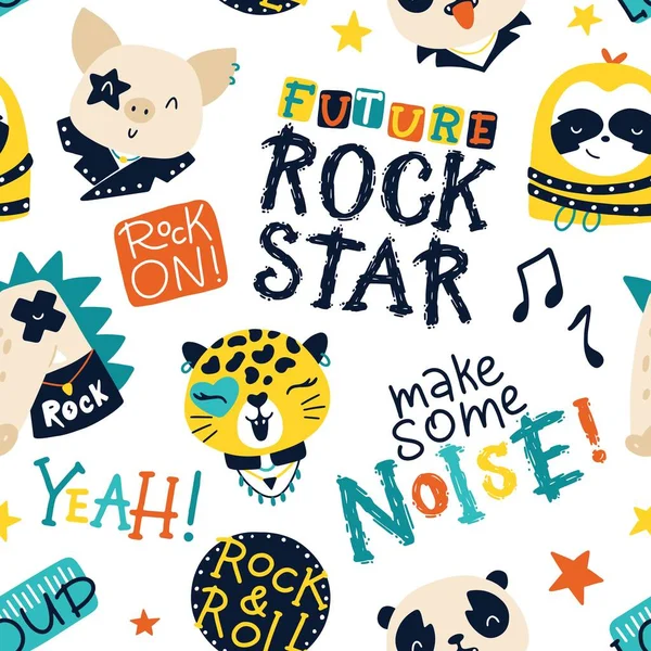Cute zwierząt rocka gwiazdy płynny wzór z napisami graffiti. Ręcznie rysowane kolorowe postacie z kreskówek w akcesoria rock. Idealny do odzieży dziecięcej, tekstyliów, tapet, papieru do pakowania. — Wektor stockowy