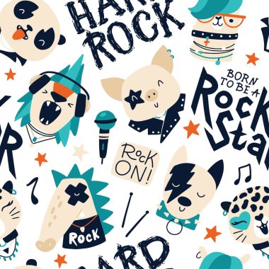 Grafiti harfleri olan sevimli hayvan rock yıldızı deseni. Kaya aksesuarlarında elle çizilmiş renkli çizgi film karakterleri. Bebek kıyafetleri, tekstil, duvar kâğıdı, ambalaj kağıdı için ideal.