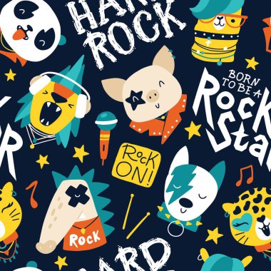 Grafiti harfleri olan sevimli hayvan rock yıldızı deseni. Kaya aksesuarlarında elle çizilmiş renkli çizgi film karakterleri. Bebek kıyafetleri, tekstil, duvar kâğıdı, ambalaj kağıdı için ideal.