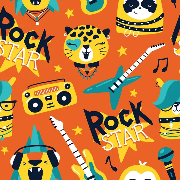 Harfleri Olan Sevimli Hayvan Rock Yıldızı Deseni Çizimi Renkli Karikatür — Stok Vektör