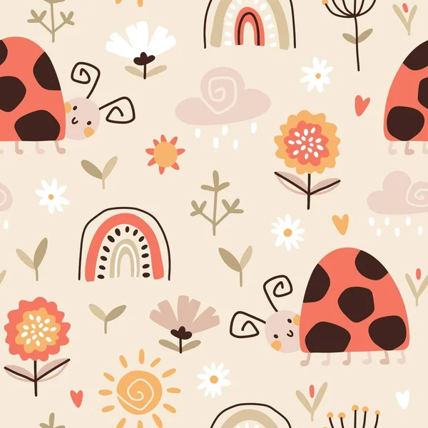 Ladybug Vector Seamless Pattern Rainbow Trendy Summer Childish Background Cute — ストックベクタ