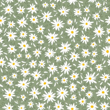 Chamomile floral mille fleur seamless pattern on green background. Small summer flowers in simple scandinavian cartoon doodle style perfect for textile, wallpaper, fabric