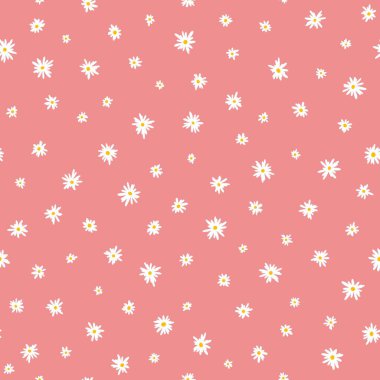 Chamomile floral mille fleur seamless pattern on pink background. Small summer flowers in simple scandinavian cartoon doodle style perfect for textile, wallpaper, fabric