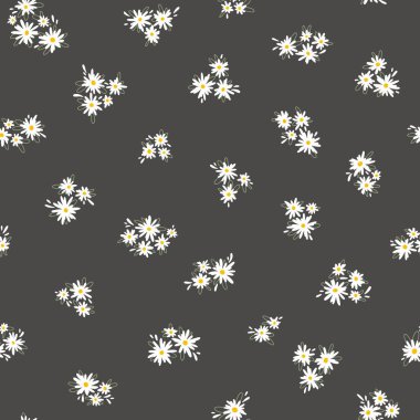 Chamomile floral mille fleur seamless pattern on black background. Small summer flowers in simple scandinavian cartoon doodle style perfect for textile, wallpaper, fabric