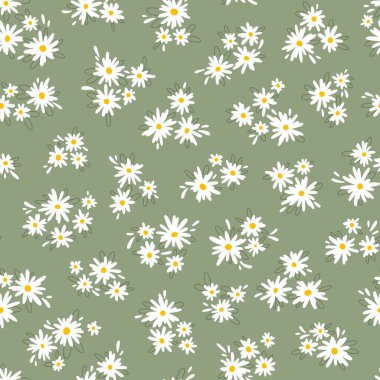 Chamomile floral mille fleur seamless pattern on green background. Small summer flowers in simple scandinavian cartoon doodle style perfect for textile, wallpaper, fabric