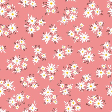 Chamomile floral mille fleur seamless pattern on pink background. Small summer flowers in simple scandinavian cartoon doodle style perfect for textile, wallpaper, fabric