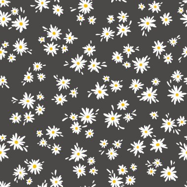 Chamomile floral mille fleur seamless pattern on black background. Small summer flowers in simple scandinavian cartoon doodle style perfect for textile, wallpaper, fabric