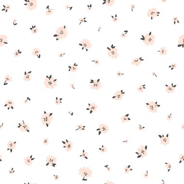 Calico Millefleurs 'un kusursuz deseni. Küçük pembe kır çiçekleri beyaz arka planda basit bir el çizimi çizgi film tarzında. Tekstil, kumaş, yüzey, duvar kağıdı, hatıra defteri, ambalaj için ideal