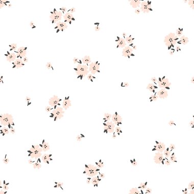 Calico Millefleurs 'un kusursuz deseni. Küçük pembe kır çiçekleri beyaz arka planda basit bir el çizimi çizgi film tarzında. Tekstil, kumaş, yüzey, duvar kağıdı, hatıra defteri, ambalaj için ideal
