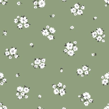 Calico Millefleurs 'un kusursuz deseni. Küçük beyaz kır çiçekleri yeşil arka planda basit bir el çizimi çizgi film tarzında. Tekstil, kumaş, yüzey, duvar kağıdı, hatıra defteri, ambalaj için ideal.