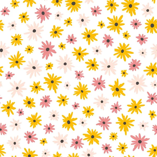 Chamomile Floral Mille Fleur Seamless Pattern White Background Small Colorful — Wektor stockowy