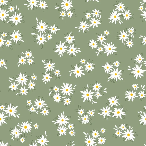 Chamomile floral mille fleur seamless pattern on green background. Small summer flowers in simple scandinavian cartoon doodle style perfect for textile, wallpaper, fabric