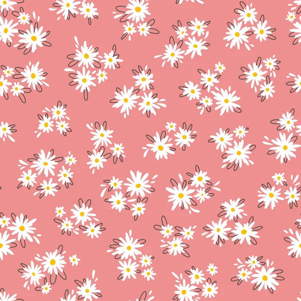 Chamomile Floral Mille Fleur Seamless Pattern Pink Background Small Summer — Vettoriale Stock
