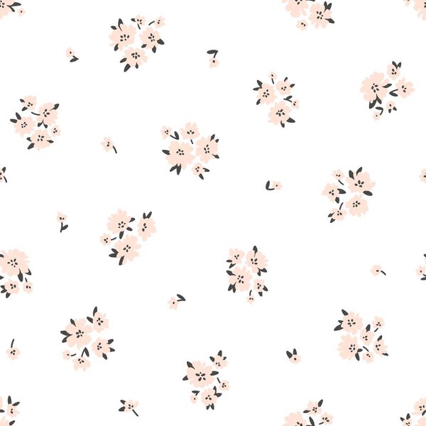 Calico millefleurs seamless pattern. Small pink summer wildflowers in a simple hand drawn cartoon style on a white background. Ideal for textile, fabric, surface, wallpaper, scrapbooking, wrapping