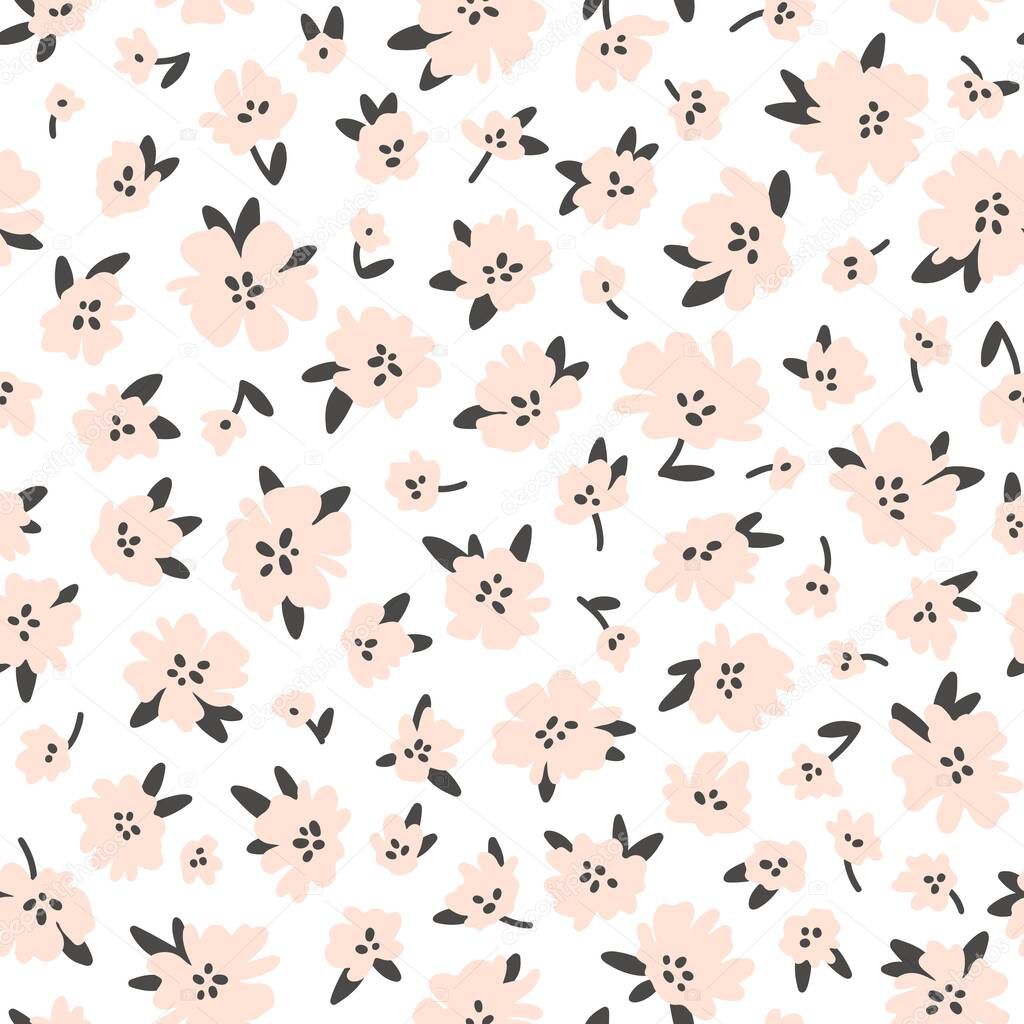 Calico millefleurs seamless pattern. Small pink summer wildflowers in a simple hand drawn cartoon style on a white background. Ideal for textile, fabric, surface, wallpaper, scrapbooking, wrapping