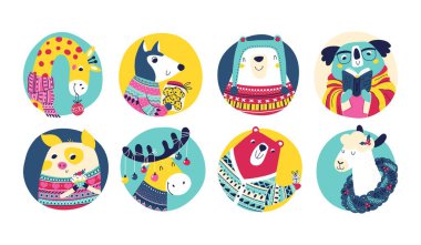 Christmas winter animal characters in simple hand drawn scandinavian style. A colorful childish cartoon in a colorful festive palette. Vector illustration