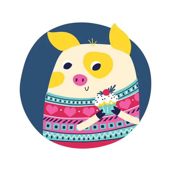 Pig Cupcake Ugly Sweater Christmas Winter Animal Character Simple Hand — Vector de stock