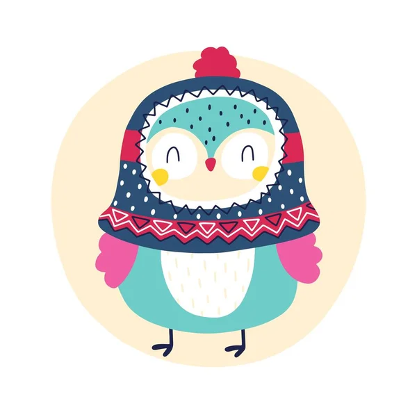 Owl Funny Hat Christmas Winter Animal Character Simple Hand Drawn — стоковый вектор