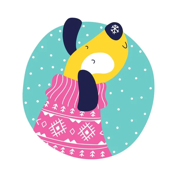 Dog Ugly Sweater Snowfall Christmas Winter Animal Character Simple Hand — стоковый вектор