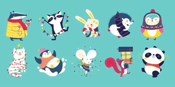 Christmas Winter Animal Characters Simple Hand Drawn Scandinavian Style Colorful — Vector de stock