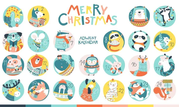 Advent Calendar Christmas Winter Animal Characters Simple Hand Drawn Scandinavian — Vetor de Stock