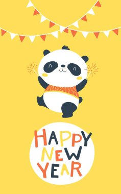 Christmas card with Chinese panda with sparklers. Happy new year. Vector cartoon illustration in simple childish hand drawn cartoon style. The limited palette is ideal for printing