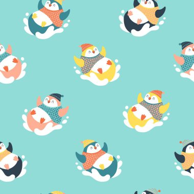 Christmas seamless pattern with a cute penguin in a sweater rides from a snowy mountain. Vector doodle illustration in simple childish hand drawn cartoon scandinavian style. The limited palette.