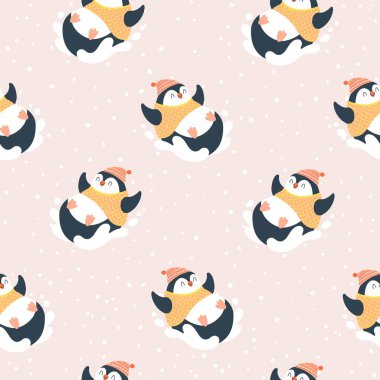 Christmas seamless pattern with a cute penguin in a sweater rides from a snowy mountain. Vector doodle illustration in simple childish hand drawn cartoon scandinavian style. The limited palette.