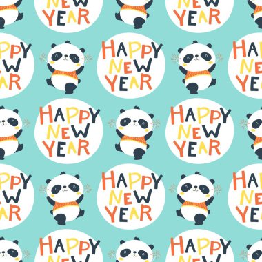 Christmas seamless pattern with cute Chinese panda with sparklers. Happy New Year. Vector doodle illustration in simple childish hand drawn cartoon style. The limited palette is ideal for printing