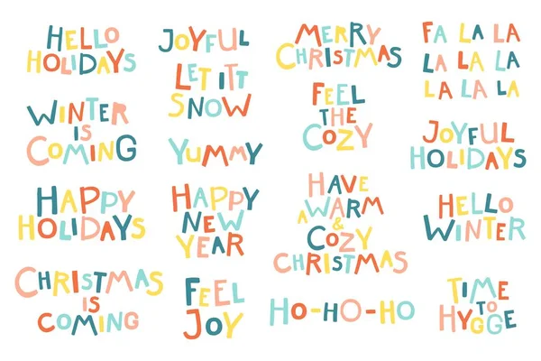 Christmas New Year Lettering Phrases Set Cartoon Hand Drawn Letters — Vetor de Stock