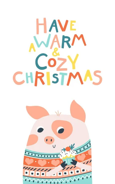 Christmas Card Pig Cupcake Warm Cozy Christmas Vector Cartoon Illustration — Wektor stockowy