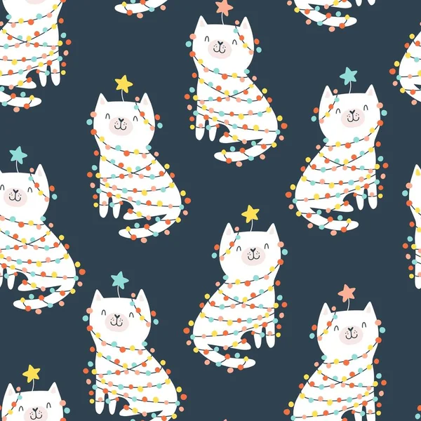 Christmas Seamless Pattern Cute Cat Wearing Christmas Tree Garland Vector — Stock Vector