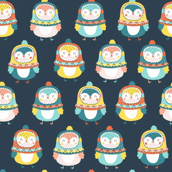 Christmas Seamless Pattern Cute Owl Funny Ugly Hat Vector Doodle — Vetor de Stock